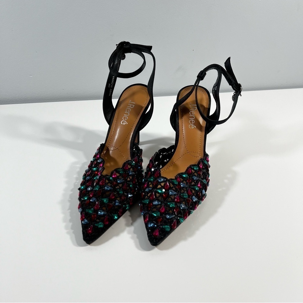 J. Renee Kamilo Black Satin Rhinestone Pumps Pointy Toe Memory Foam Insole 8M